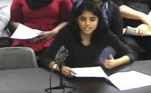 Prachi Ruina, an Ithaca High School student and one of the organizers of Students United Ithaca, speaking at the ICSD board meeting. Photo courtesy of YouTube