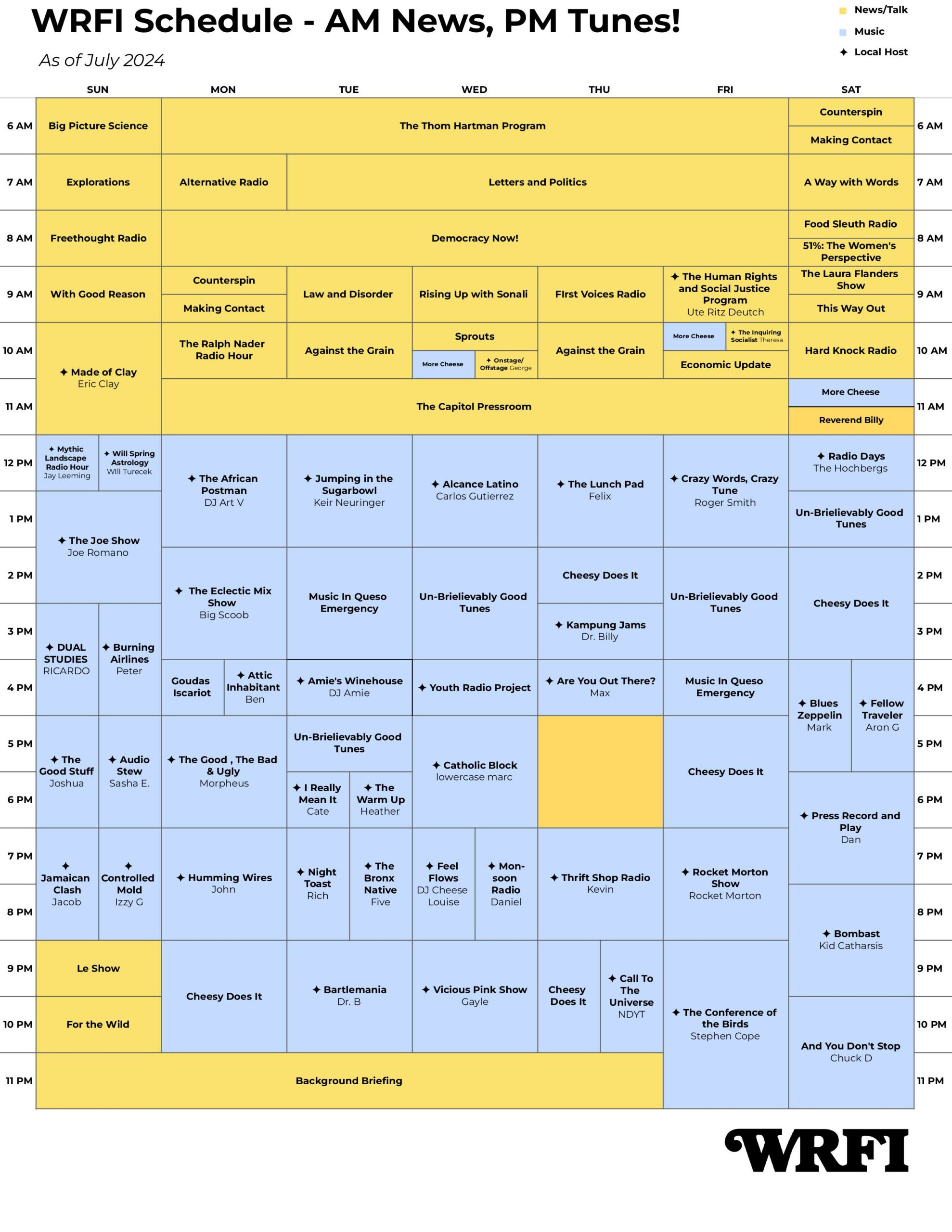 calendar grid of WRFI program schedule; talk programs in yellow, music programs in blue.