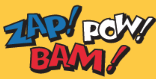 a yellow background with the words "zap!" (in blue), "pow!" (in white), "bam!" (in red) on it.