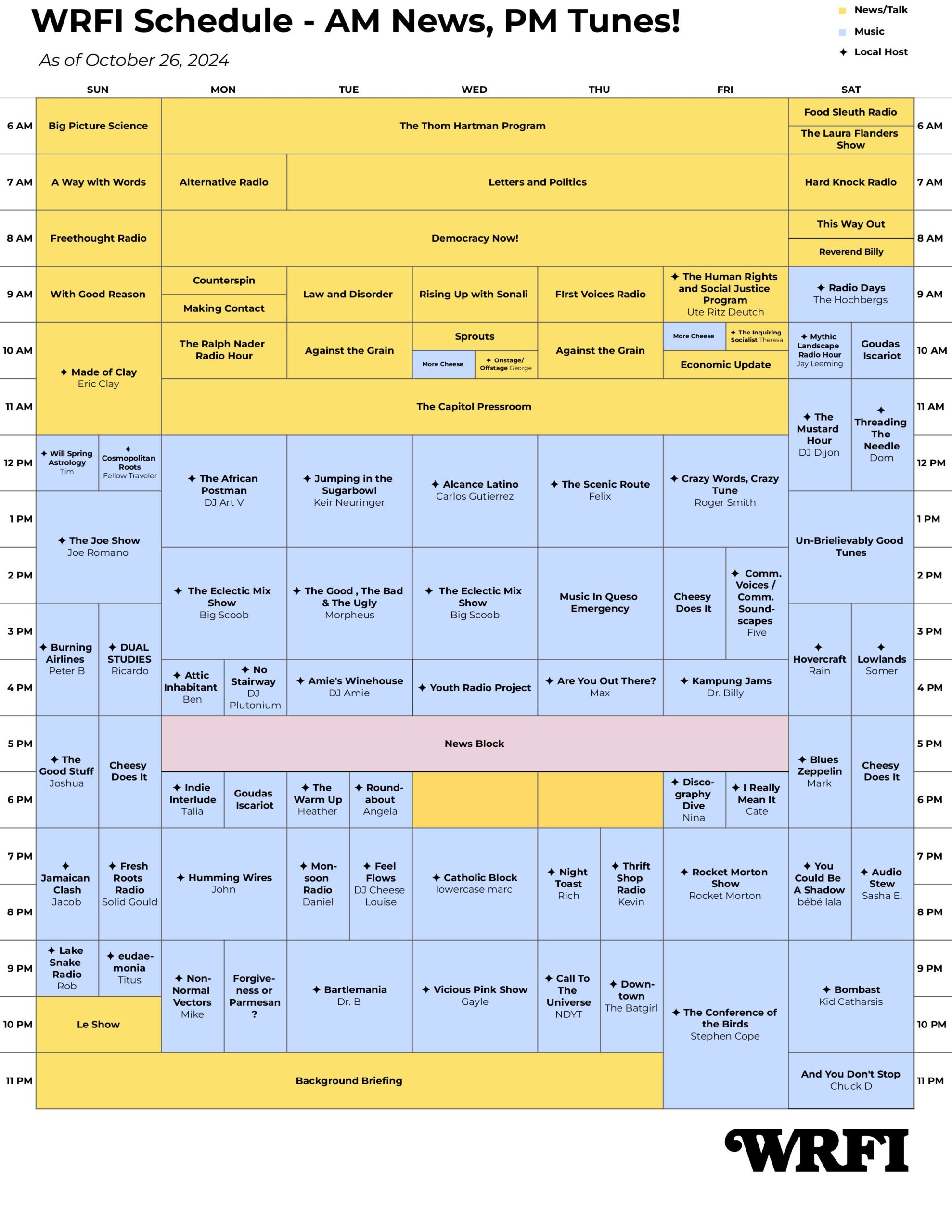 calendar grid of WRFI program schedule; talk programs in yellow, music programs in blue, news programs in pink.